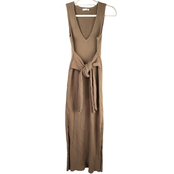 Good American Taupe Ribbed Knit Midi Tie Cotton Blend Tank Bodycon Dress Size 4 - Picture 4 of 12